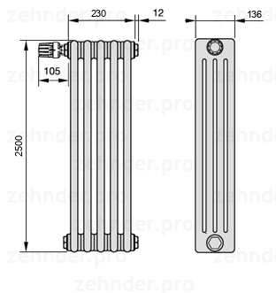 Схема (чертеж) Радиатор Zehnder Charleston 4250/5 №V012 Белый глянцевый RAL 9016